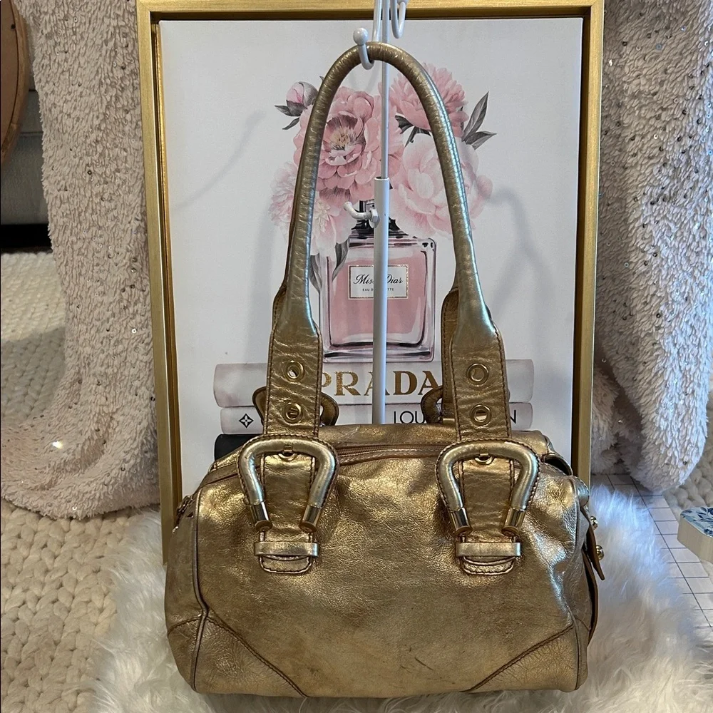 Francesco Biasia Gold Metallic Leather Satchel Shoulder Bag Structured handbag